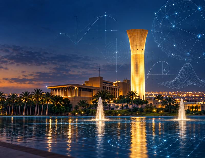 KFUPM campus at dusk: the lit water tower, the pool and its fountains